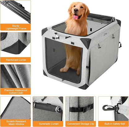 Collapsible Dog Crate for Large Dogs, Portable Travel Dog Crate Soft Pet Kennel with 4-Door Chew Proof Mesh Windows for Indoor & Outdoor