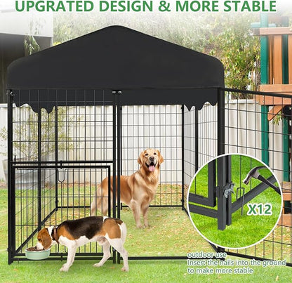 Dog Kennel Outdoor with Waterproof Roof, 4'L x 4'W x 4.5'H Large Outdoor Kennel with Rotating Feeding Door, Bowls, Dog Cage for Outside Dog House Enclosure for Dogs, Cat, Rabbits