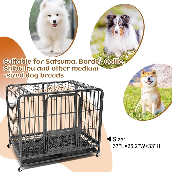 37Inch Indestructible Metal Dog Crates for Small/Medium Dogs, Heavy Duty Escape Proof Dog Kennel Indoor with Lockable Wheels, Dog Crate 37" L x 25.2" W x 33" H
