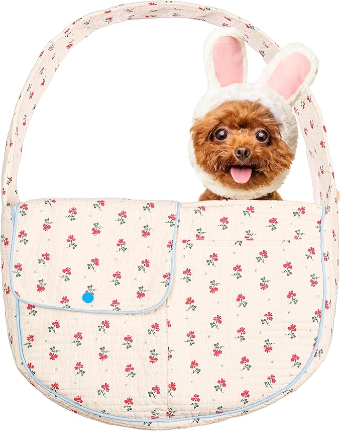 Flower Pet Sling Carrier for Small Dogs and Cats, Breathable Cotton Cats Carrier Purse，Floral Print Puppy Carrier Bag 3-10 Lbs, Hand Free Travel Chest Dog Purse, Gifts for Dog Mom Girls（White, Small