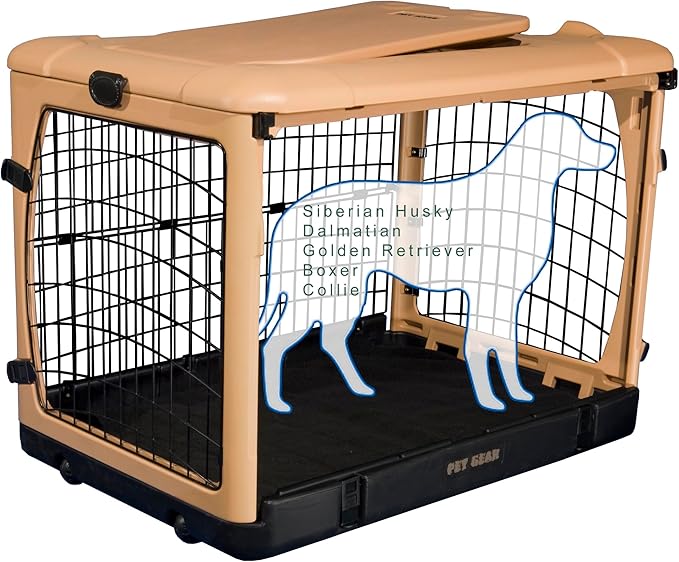 Pet Gear “The Other Door” 4 Door Steel Crate for Dogs/Cats with Garage-Style Door, Includes Plush Bed + Travel Bag, No Tools Required, Beige