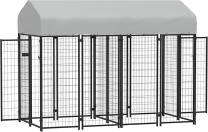 PawHut Outdoor Dog Kennel with 2 Rooms, 8' x 4' x 6' Heavy Duty Welded Wire Dog Playpen Enclosure with Escape-Proof Lock, UV-Resistant & Waterproof Cover, for Large Dogs, Silver