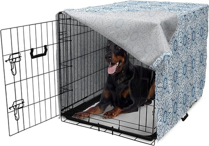 Ambesonne Blue and White Dog Crate Cover, Dutch Tile Design with Large Flowers and Detailed Petals Antique Ethnic, Easy to Use Pet Kennel Cover for Medium Large Dogs, 42 Inch, White Blue