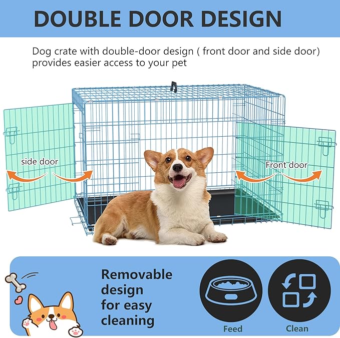 FDW 30 inch Dog Crate Dog Kennel Cage with Double Door Folding Metal Wire Dog Cage with Removable Tray&Divider Panel,Pet Crate for Medium Dogs,Blue