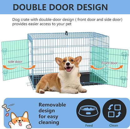 FDW 30 inch Dog Crate Dog Kennel Cage with Double Door Folding Metal Wire Dog Cage with Removable Tray&Divider Panel,Pet Crate for Medium Dogs,Blue