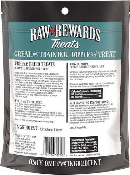 Northwest Naturals Raw Rewards Freeze-Dried Chicken Liver Treats for Dogs and Cats - Bite-Sized Pieces - Healthy, 1 Ingredient, Human Grade Pet Food, All Natural - 3 Oz (Pack of 1)