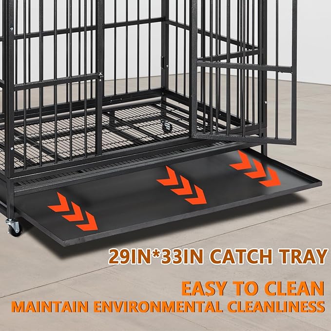 48 inch Heavy Duty Dog Crate, Indestructible Dog Crates for Large Dogs, Cage Kennel with Wheels&Brakes, Sturdy Locks Design, Double Door and Removable Tray, for Medium & Large Pets