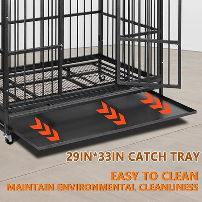48 inch Heavy Duty Dog Crate, Indestructible Dog Crates for Large Dogs, Cage Kennel with Wheels&Brakes, Sturdy Locks Design, Double Door and Removable Tray, for Medium & Large Pets