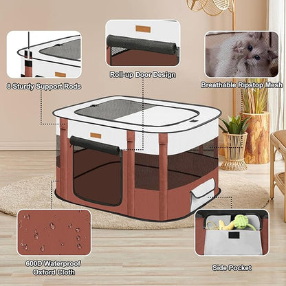 Dog Playpen - Foldable Cat Play Pens for Pubby, Kitten, Rabbit, Portable Pet Tent with Carring Bag for Indoor/Outdoor Travel Camping (Brown-Medium)