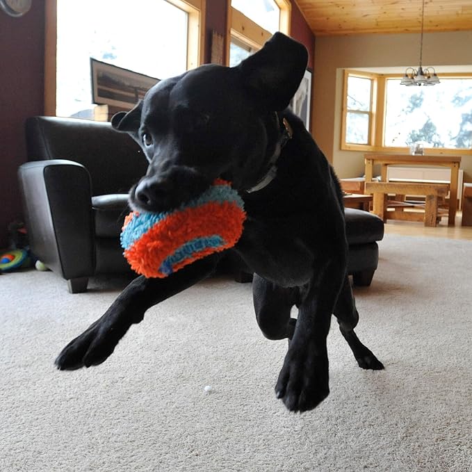 Chuckit! Indoor Fetch Roller Dog Toy - Soft Pet Toy for Dogs - Made with Durable, Lightweight, Plush Chenille Fabric - Great Alternative to Balls - 7.5-inch Diameter - Orange and Blue