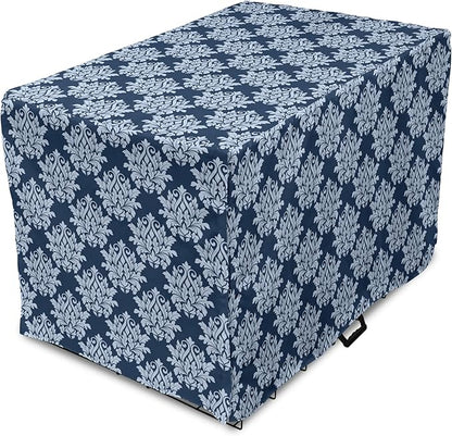 Lunarable Damask Blue Dog Crate Cover, Abstract Antique Royal Motif with Leaves and Swirls, Easy to Use Pet Kennel Cover for Medium Large Dogs, 48 Inch, Ceil Blue Violet Blue