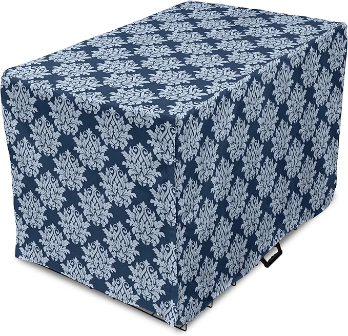 Lunarable Damask Blue Dog Crate Cover, Abstract Antique Royal Motif with Leaves and Swirls, Easy to Use Pet Kennel Cover for Medium Large Dogs, 36 Inch, Ceil Blue Violet Blue