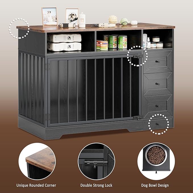 Dog Crate Furniture for Small Dogs, Wooden Dog Kennel Indoor with Storage Shelves, 3 Drawers & Hidden Bowl, Modern Pet Cage Side End Table, up to 120 lb, 48" L, Steel Lock, Black