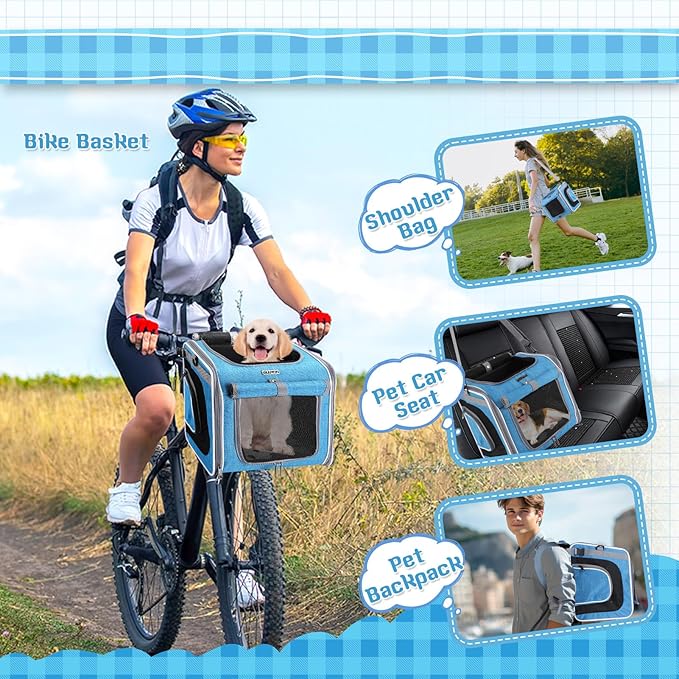 Dog Bike Basket, Foldable Pet Carrier, Adjustable Shoulder Strap Backpack, Portable Breathable Basket Bag for Dogs and Cats