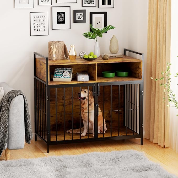 aboxoo 40/32 Inches Furniture-Style Cages,Large Medium Dog Kennels Indoor,Wood Dog Crate Table with Drawers Storage(Rustic Brown)