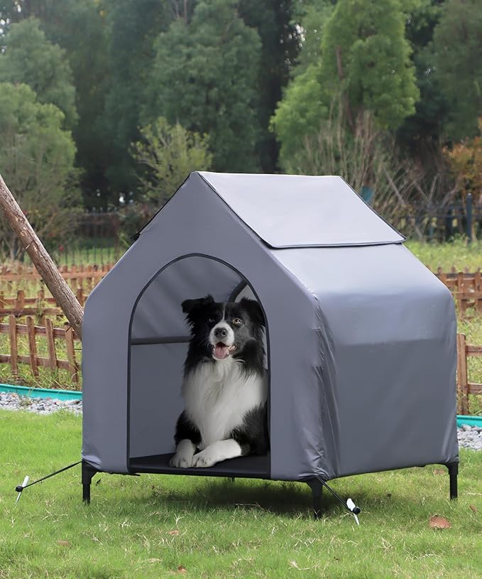 36" Dog House Outdoor for Medium/Large Breeds - Outside Waterproof & Sunproof Dog House, Elevated Dog Bed with Dog Shade Shelter Canopy