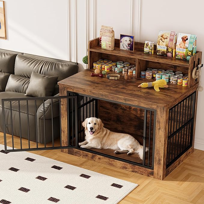 IRONCK Dog Crate Furniture, 43.3 inches Wooden Large Dog Crate with Storage and 4 Hooks, Heavy Duty Pet Crate for Large Dog, Decorative Pet Cage for Indoor (30" L x 43.3" W x 41.1" H)