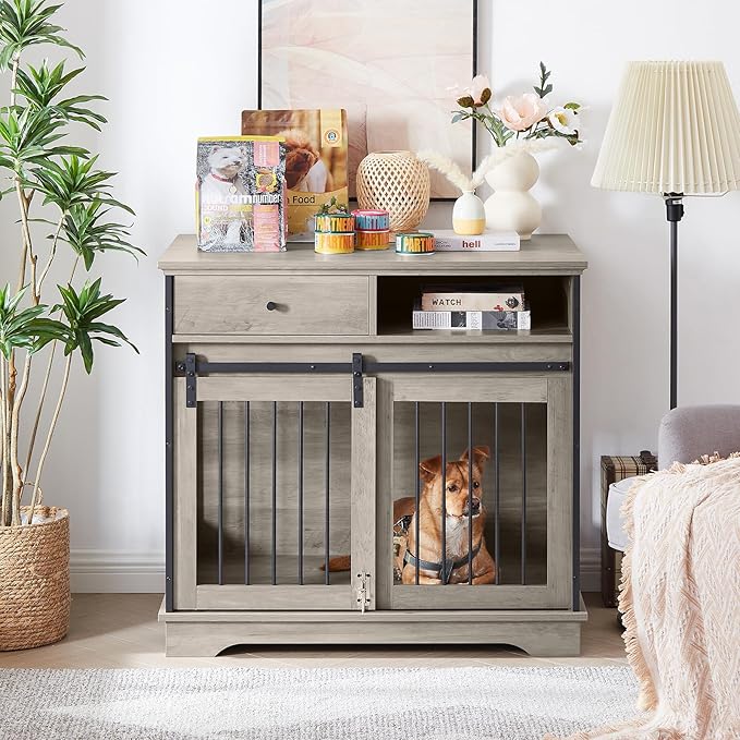 Sliding Door Dog Crate with Drawers. Grey,35.43'' W x 23.62'' D x 33.46'' H