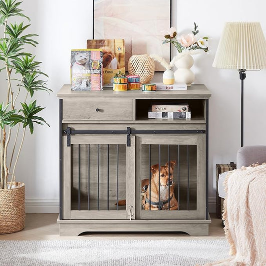 Sliding Door Dog Crate with Drawers. Grey,35.43'' W x 23.62'' D x 33.46'' H