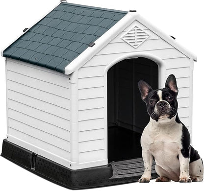 YITAHOME 28.5'' Large Plastic Dog House Outdoor Indoor Doghouse Puppy Shelter Water Resistant Easy Assembly Sturdy Dog Kennel with Air Vents and Elevated Floor (28.5''L*26''W*28''H, Gray)