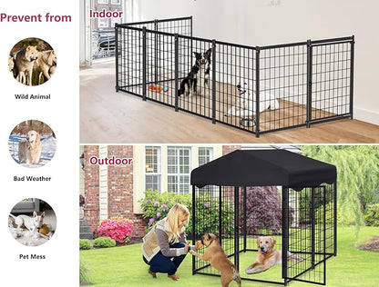 Heavy Duty Outdoor Dog House - Large Kennel with Roof, 4'L x 4'W x 4.5'H - Black Dog Crate with Cover, 2 Set