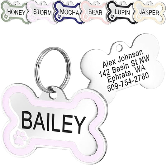 GoTags Stainless Steel Bone Dog Tag with Color Outline and Paw Print, Personalized Pet ID Tag for Dogs and Cats, Custom Engraving with up to 5 Lines of Text on Both Sides (Purple, Regular)