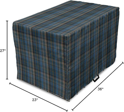 Lunarable Plaid Dog Crate Cover, Striped Geometric British Pattern Modern Design Elements in Patel Colors, Easy to Use Pet Kennel Cover for Medium Large Dogs, 36 Inch, Azure Blue and Marigold