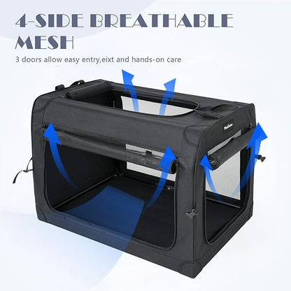 Collapsible Dog Crates for Medium/Large Dogs, 3-Door Soft-Sided Pet Crate with Durable Mesh Windows, Portable Foldable Travel Kennel for Indoor, Outdoor & Car Use