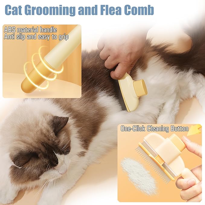Flea Comb for Dogs and Cats with Release Button Fine Tooth Dog Comb for Grooming Massaging and Cleaning Remove Fleas Eggs Pet Hair Removal for Short and Long Hair 2 Pack