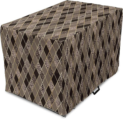 Lunarable Contemporary Brown Dog Crate Cover, Rhomb Check Pattern with Animal Skins, Easy to Use Pet Kennel Cover for Medium Large Dogs, 42 Inch, Umber Dark Brown