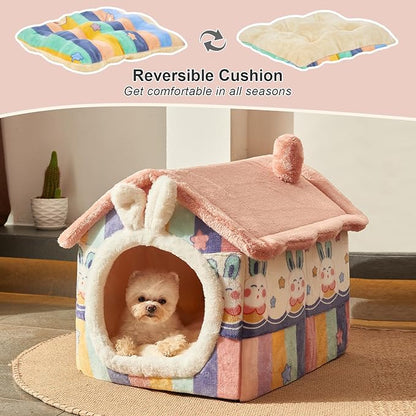 JIUPETY Cute Small Dog House Indoor, Foldable House Kennel Bed Mat with Cushion, L Size Tent Up to 30 Lbs, Dog Cave Bed with Non-Slip Bottom, Rainbow