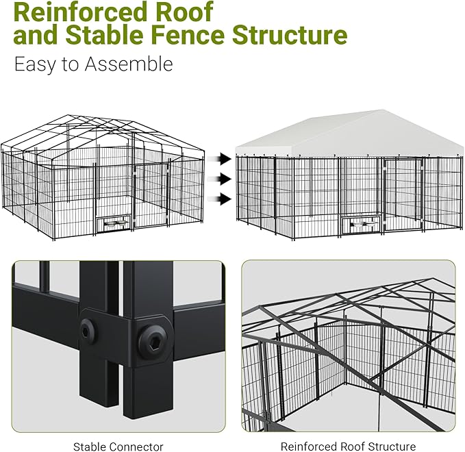 Rovibek 10x10 FT Dog Kennel Outside, Dog Kennels Outdoor with 2 Height Adjustable Rotating Feeder Bowls, Dog Enclosure Outdoor, Outside Dog Kennel with Roof, Outside Kennel for Large Dogs