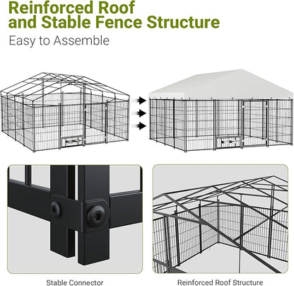 Rovibek 10x10 FT Dog Kennel Outside, Dog Kennels Outdoor with 2 Height Adjustable Rotating Feeder Bowls, Dog Enclosure Outdoor, Outside Dog Kennel with Roof, Outside Kennel for Large Dogs