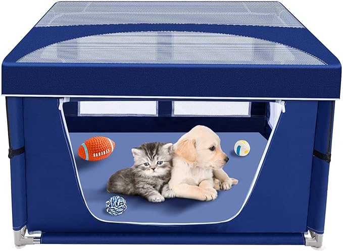 Puppy PlayPen 42 × 42 Inch, Dog PlayPen with Gate for Puppies, Small and Medium Dogs, Pet PlayPen with Roof for Outdoors & Indoors, Safe and Sturdy Dog Fence