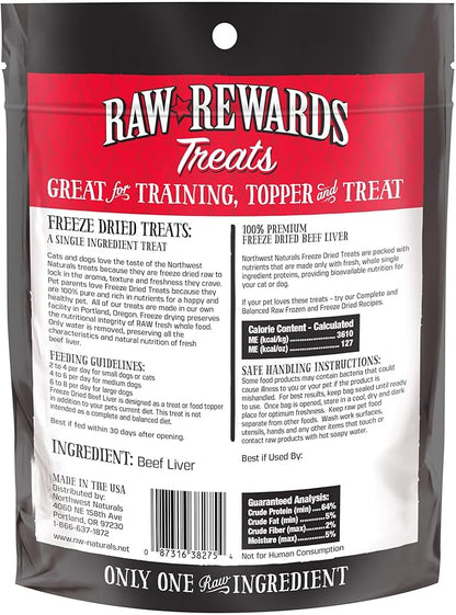 Northwest Naturals Raw Rewards Freeze-Dried Beef Liver Treats for Dogs and Cats - Bite-Sized Pieces - Healthy, 1 Ingredient, Human Grade Pet Food, All Natural - 3 Oz