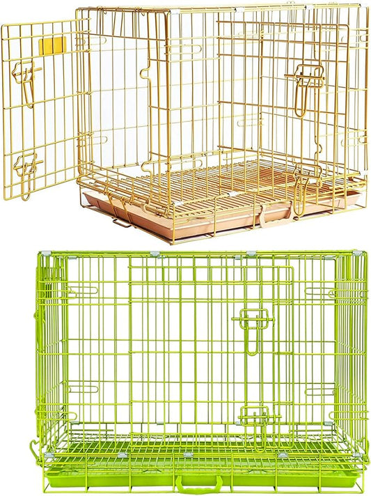 Homey Pet Dog Crates for Medium Dogs, Collapsible Small Dog Cage, Nano-Coated Metal Wire Puppy Kennel Indoor with Removable Floor Grid Tray, Double Doors Dual Locks, GOLD24+GREEN30 Bundle