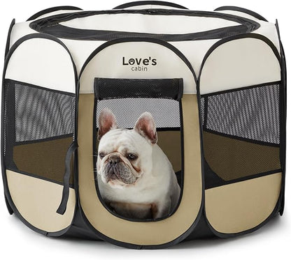 Love's cabin Pet Puppy Dog Playpen, Medium Dog Tent Crates Cage Indoor/Outdoor, Portable Playpen for Cat, Foldable Pop Up Dog Kennel Playpen with Carring Case, Removable Zipper Top, Khaki