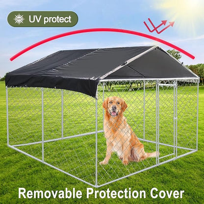 Large Outdoor Dog Kennel 9.8 x 9.8FT, Heavy Duty Outdoor Fence Dog Run, Dog Enclosure with Waterproof UV-Resistant Roof for Backyard Farm ESWE3029