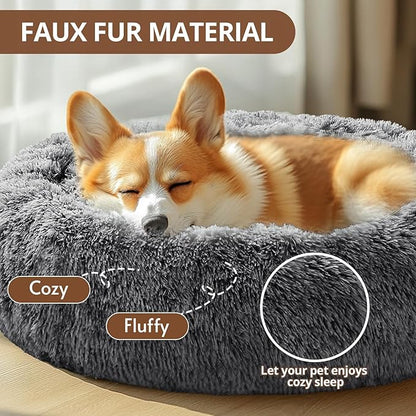 JOLLYVOGUE Donut Dog Bed for Large Dogs, Anti-Anxiety Washable Round Large Pet Bed, Calming Donut Dog Bed for Sleeping, Fluffy Dog Beds for Large Dogs, Round Bed for Indoor Pet (36"/Smoke Black