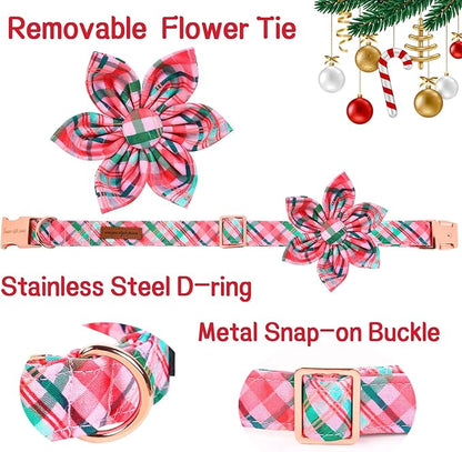 Unique style paws Dog Collar with Flower Pink & Green Plaid Dog Collar Best Gifts for Small Medium Large Dogs -XL