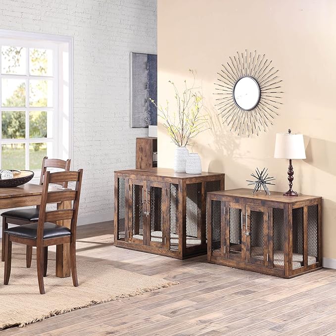 unipaws Furniture Dog Crate with Tray for Medium Dogs, Indoor Aesthetic Puppy Kennel Pet House Dog Cage with Door, Modern Decorative Wood Pretty Cute Fancy End Side Table Nightstand, Rustic