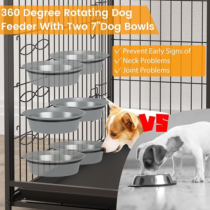 Dog Crate Furniture, 57 Inch Dog Kennel Furniture with Storage Shelves and Removable Tray, Indoor Dog House with 2 Doors and 2 Adjustable Bowls, Brown