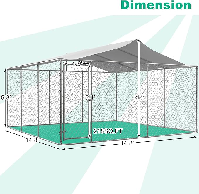 KELRIA Large Outdoor Dog Kennel with Waterproof Roof, Heavy Duty Dog Cage w/Secure Lock, Galvanized Steel Dog Fence House Enclosure, Dog Playpen for Outside Backyard, Silver (177.6x177.6x91.2 in)