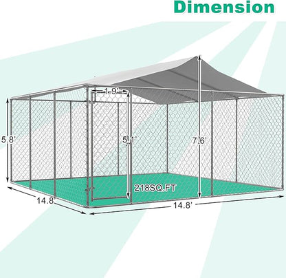 KELRIA Large Outdoor Dog Kennel with Waterproof Roof, Heavy Duty Dog Cage w/Secure Lock, Galvanized Steel Dog Fence House Enclosure, Dog Playpen for Outside Backyard, Silver (177.6x177.6x91.2 in)