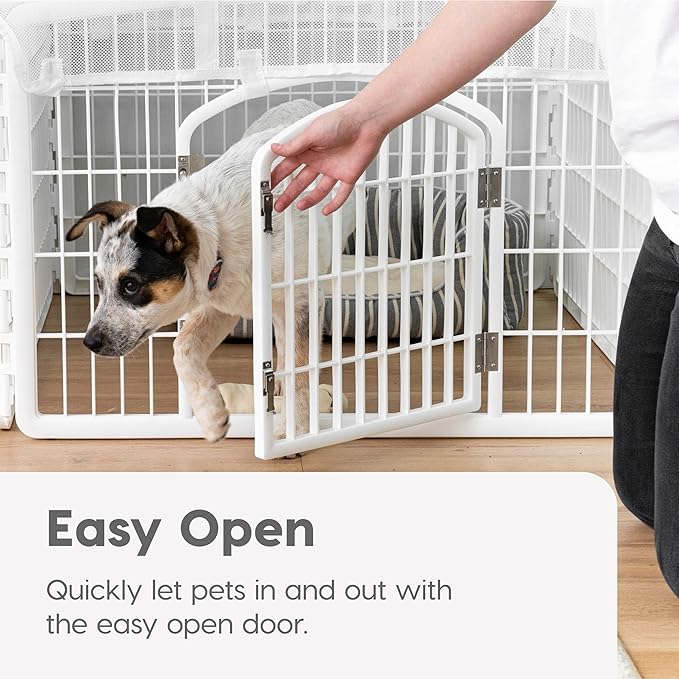 IRIS USA 24" Exercise 4-Panel Pet Playpen with Door + Mesh Top Cover for Dog Playpen, Dog Playpen, Puppy Playpen, for Small and Medium Dogs, Keep Pets Secure, Easy Assemble, Durable Material, White