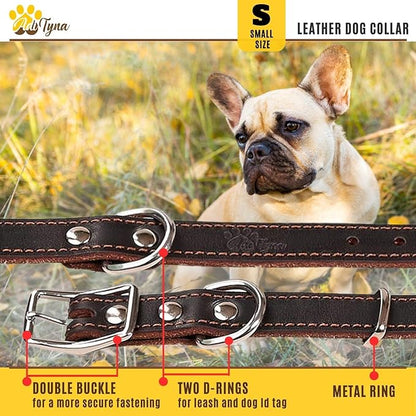 Heavy Duty Leather Dog Collar for Small Dogs - Soft and Strong Dog Collar for Puppy or Small Dogs (Small: Fit 10" - 14.5" Neck, Brown)