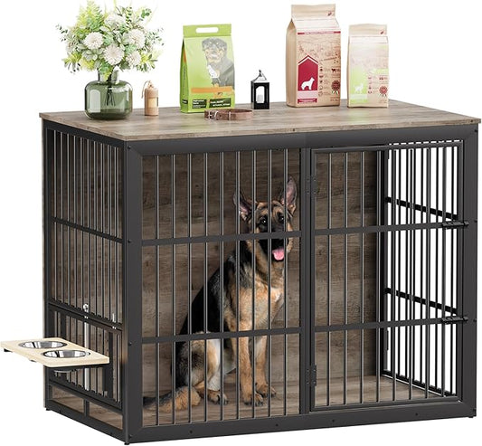 Rovibek 48 Inch Large Dog Crate with 2 Height Adjustable Dog Bowls 360° Rotatable, Extra Large Dog Kennel Indoor as End Table, Dog Cage Furniture for Large Dogs, Heavy Duty, Grey