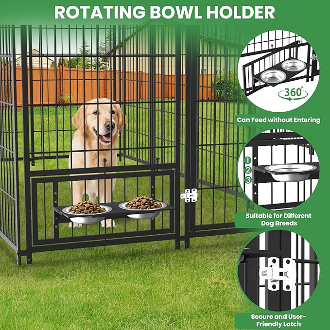Large Dog Kennel Outside - 7.9 x 4.1 x 5.9 ft Dog Outdoor Kennel with Roof, Outside Dog kennels with Rotating Feeding Bowls, Big Dog Kennel for Dogs