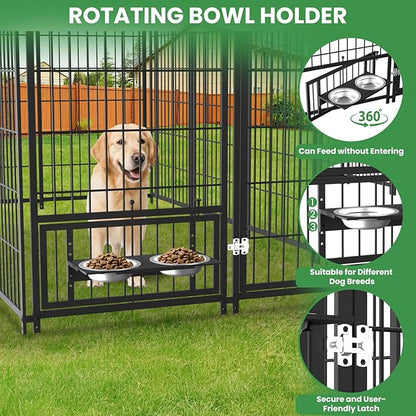 Large Dog Kennel Outside - 7.9 x 4.1 x 5.9 ft Dog Outdoor Kennel with Roof, Outside Dog kennels with Rotating Feeding Bowls, Big Dog Kennel for Dogs
