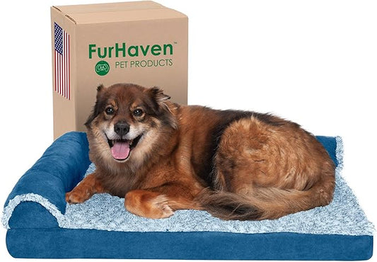 Furhaven Memory Foam Dog Bed for Large/Medium Dogs w/ Removable Bolsters & Washable Cover, For Dogs Up to 55 lbs - Two-Tone Plush Faux Fur & Suede L Shaped Chaise - Marine Blue, Large